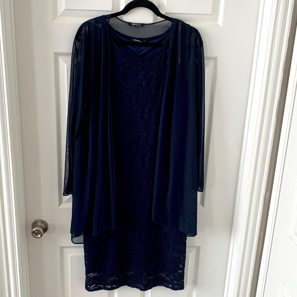 Onyx Nite 2 Piece Navy Blue Lace Overlay Dress - Picture 2 of 6